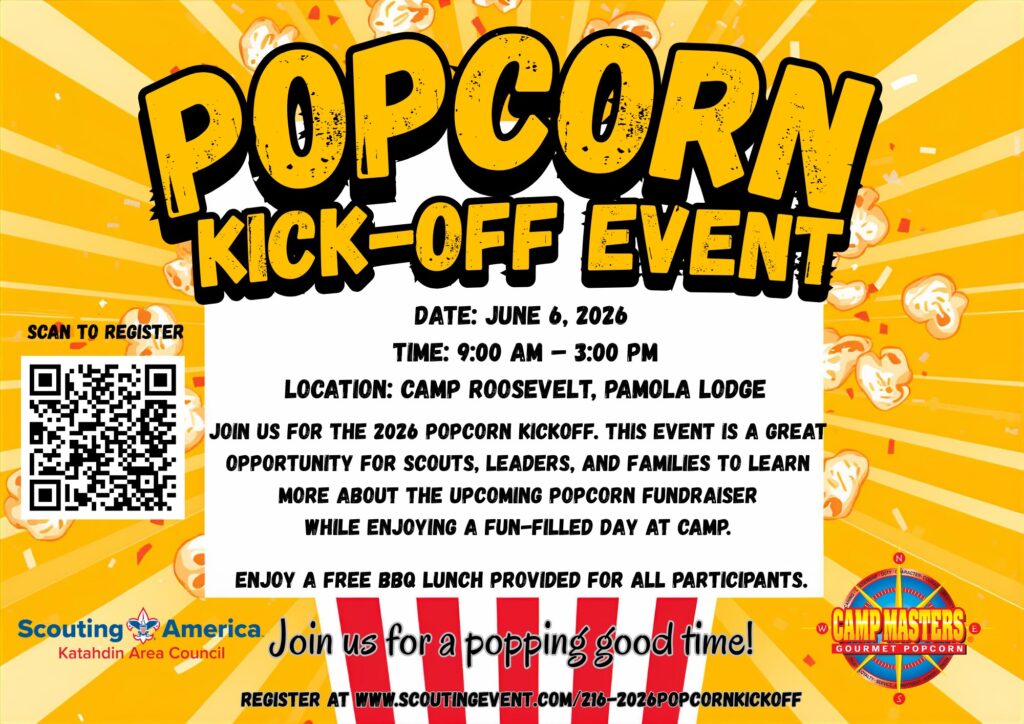 Bright poster announcing a 'Popcorn Kick-Off Event' with date, time, and location; includes a QR code for registration and popcorn graphics.